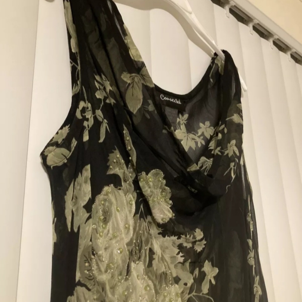 Large 1990's Vintage Black and Green Floral Beaded Bias Cut Dress by Connected